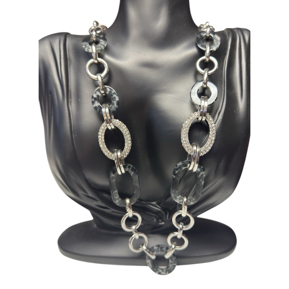 Talbots Silver Statement Necklace Long Link Chain Rhinestone 16" Chunky‎